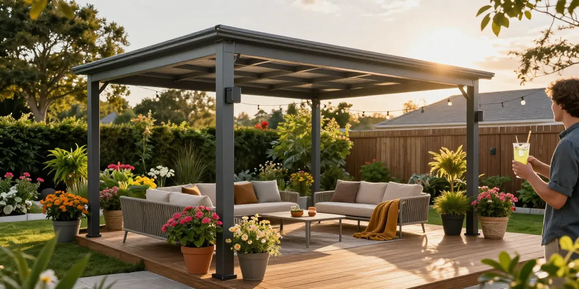 Moderne Terrassenüberdachungen in stilvollem Außenbereich mit Garten und gemütlicher Atmosphäre.