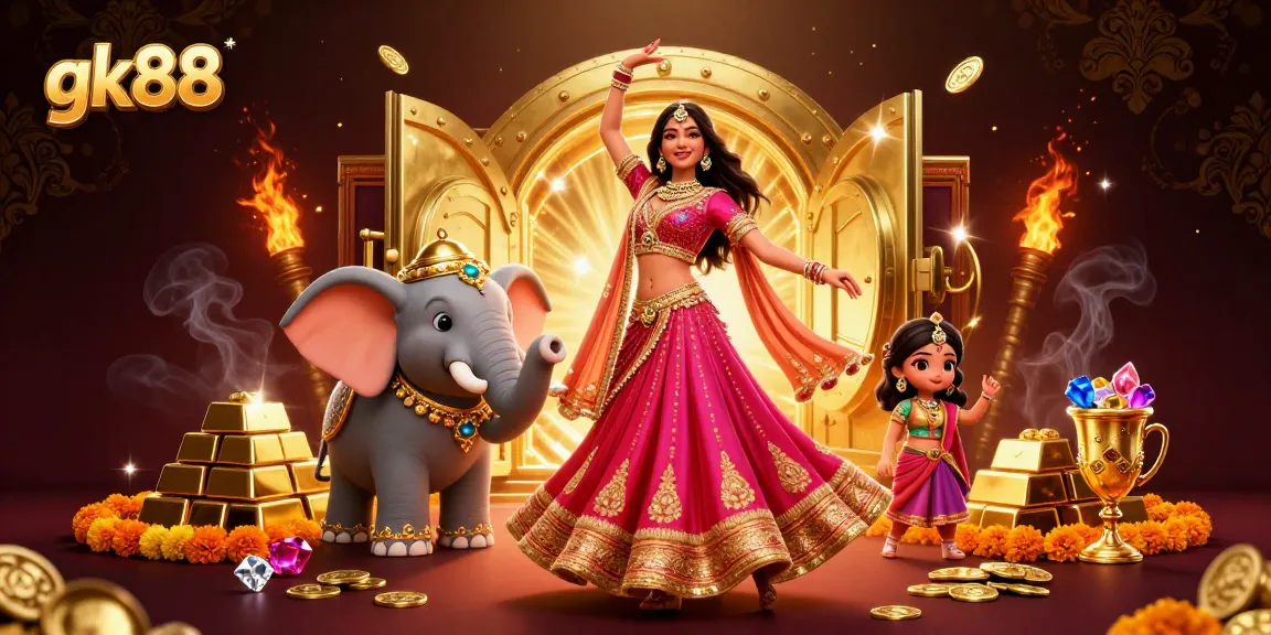 Spin the reels at gk88 casino, featuring a vibrant Bollywood-inspired scene with gold treasures.