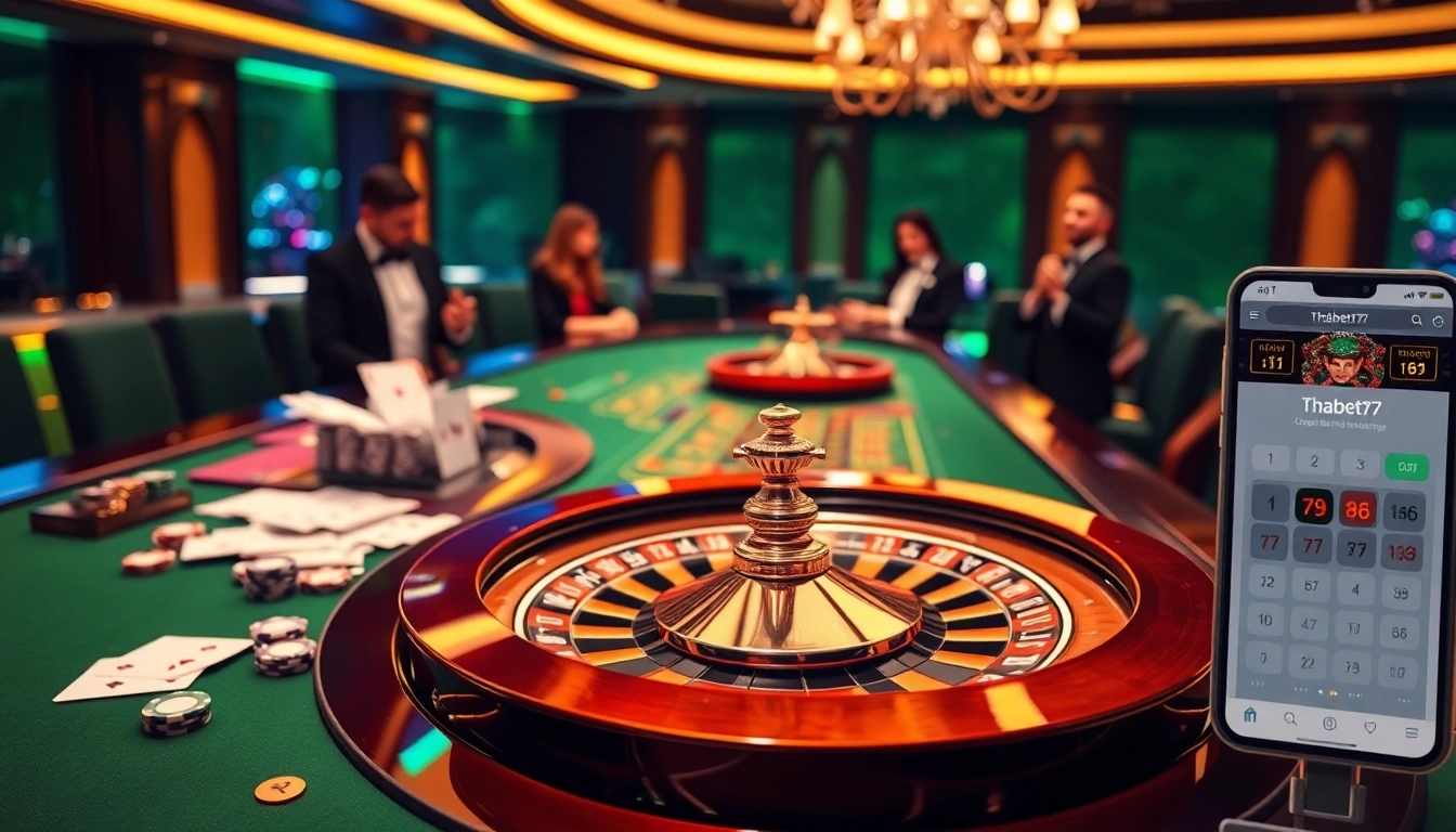 Players enjoying thrilling games at Thabet77 casino, featuring roulette and poker action.