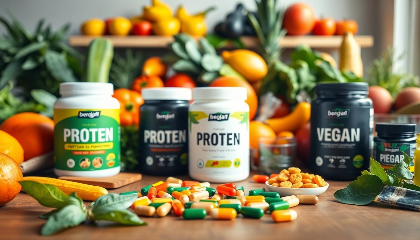 Vegane Supplements auf einem Tisch mit frischen Früchten und Gemüse im Hintergrund.