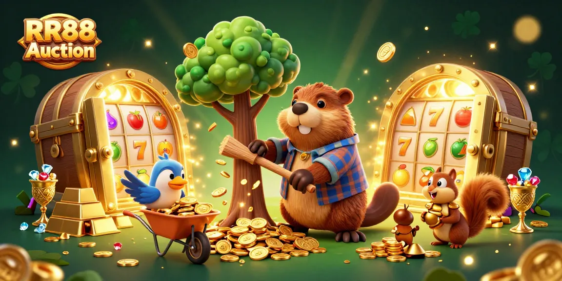 Join RR88 Auction's dynamic casino experience with cartoon characters amid golden treasures and slot game excitement.