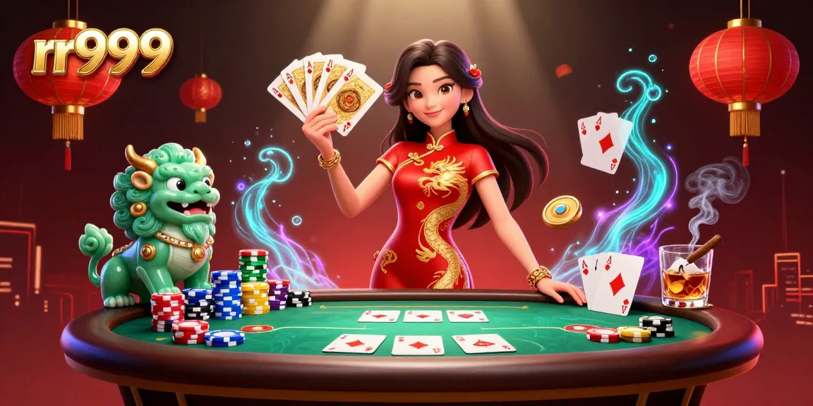 Playing the exciting games at rr999 with a stunning woman in crimson qipao surrounded by poker elements.