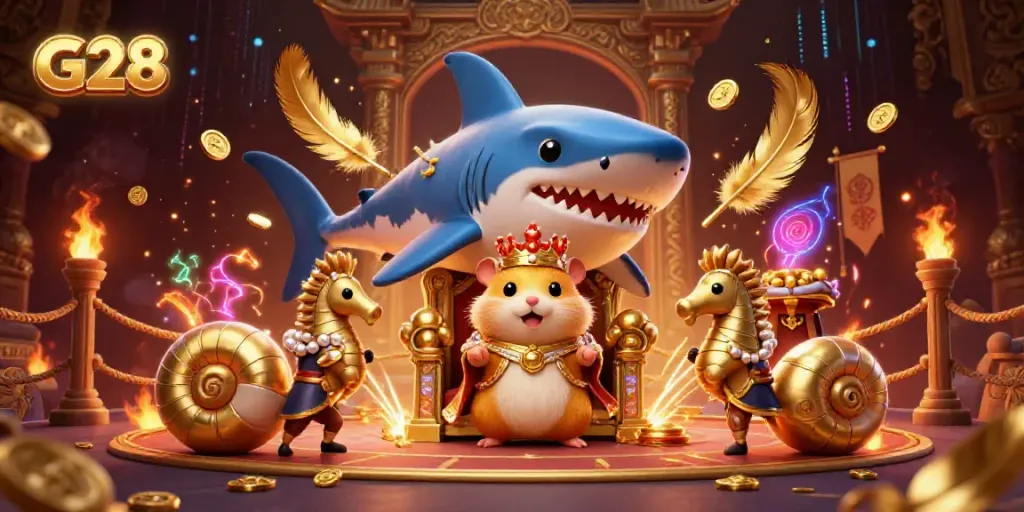 Engage with G28’s vibrant and dynamic casino scene featuring a golden hamster king and royal guards.
