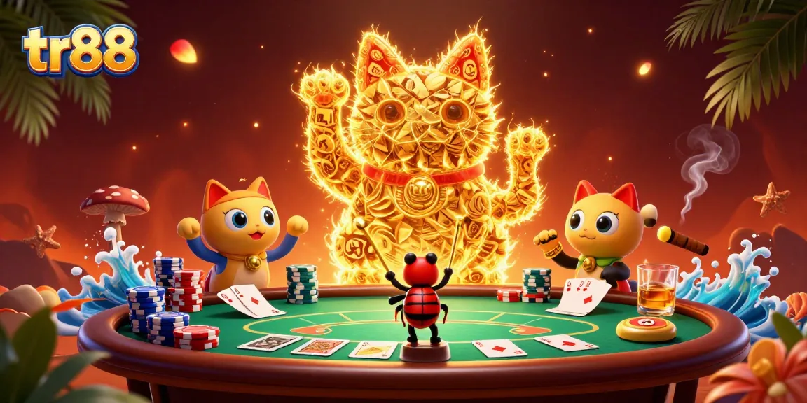 Experience luck with tr88's vibrant lucky cat scene, filled with poker elements and casino charm.