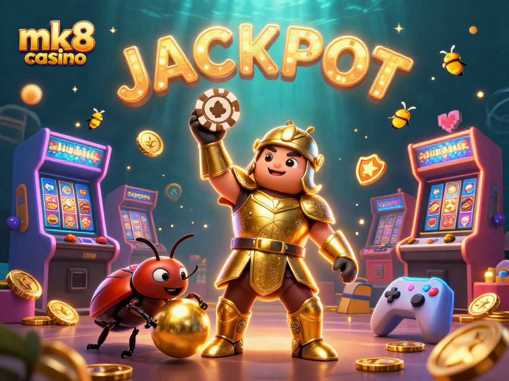 Celebrate big wins at mk8 casino with a vibrant 3D beetle-themed jackpot illustration.