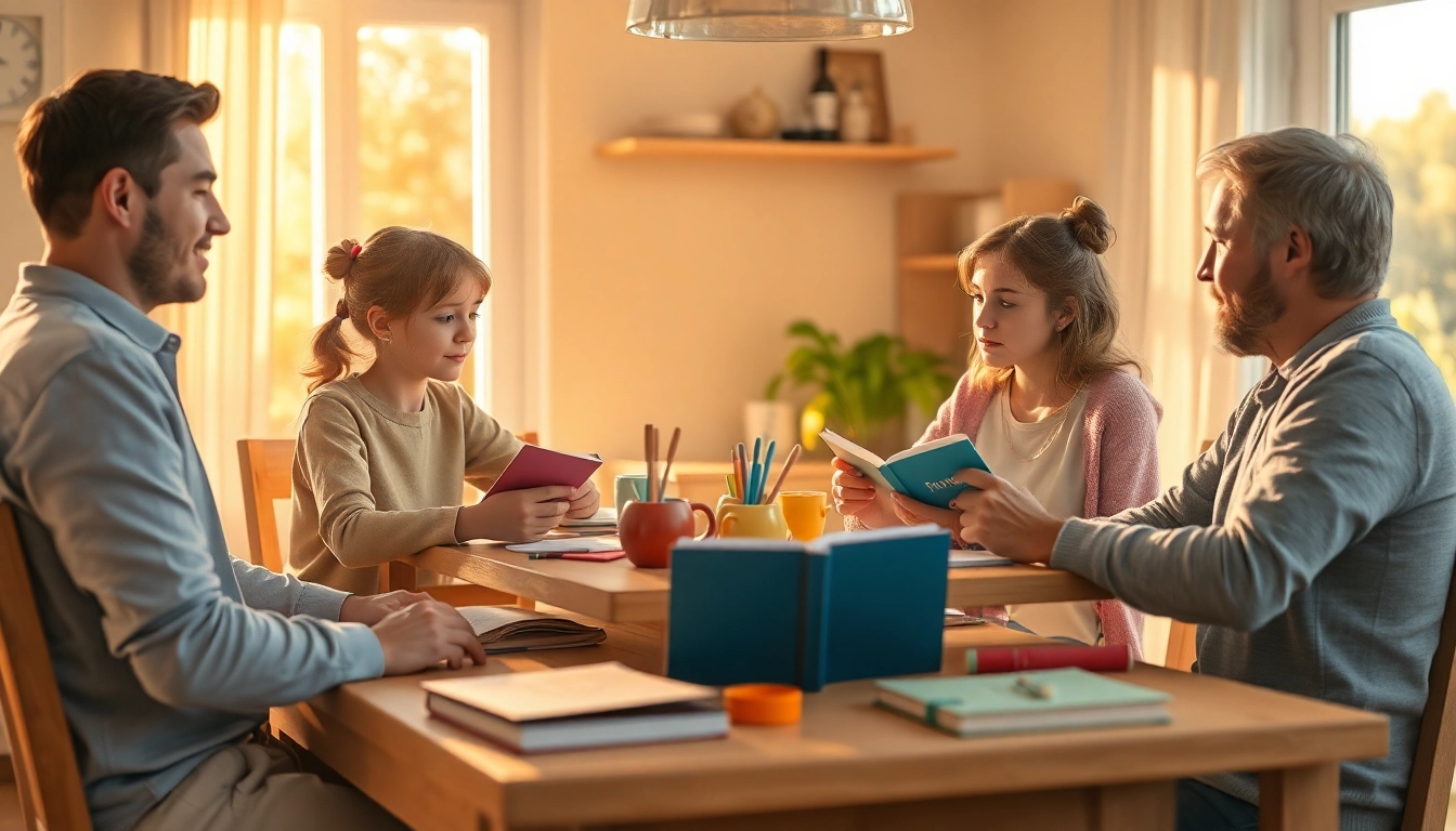 Familie beim Heimunterricht am Esstisch mit Schulmaterialien und Kindern, die lernen.