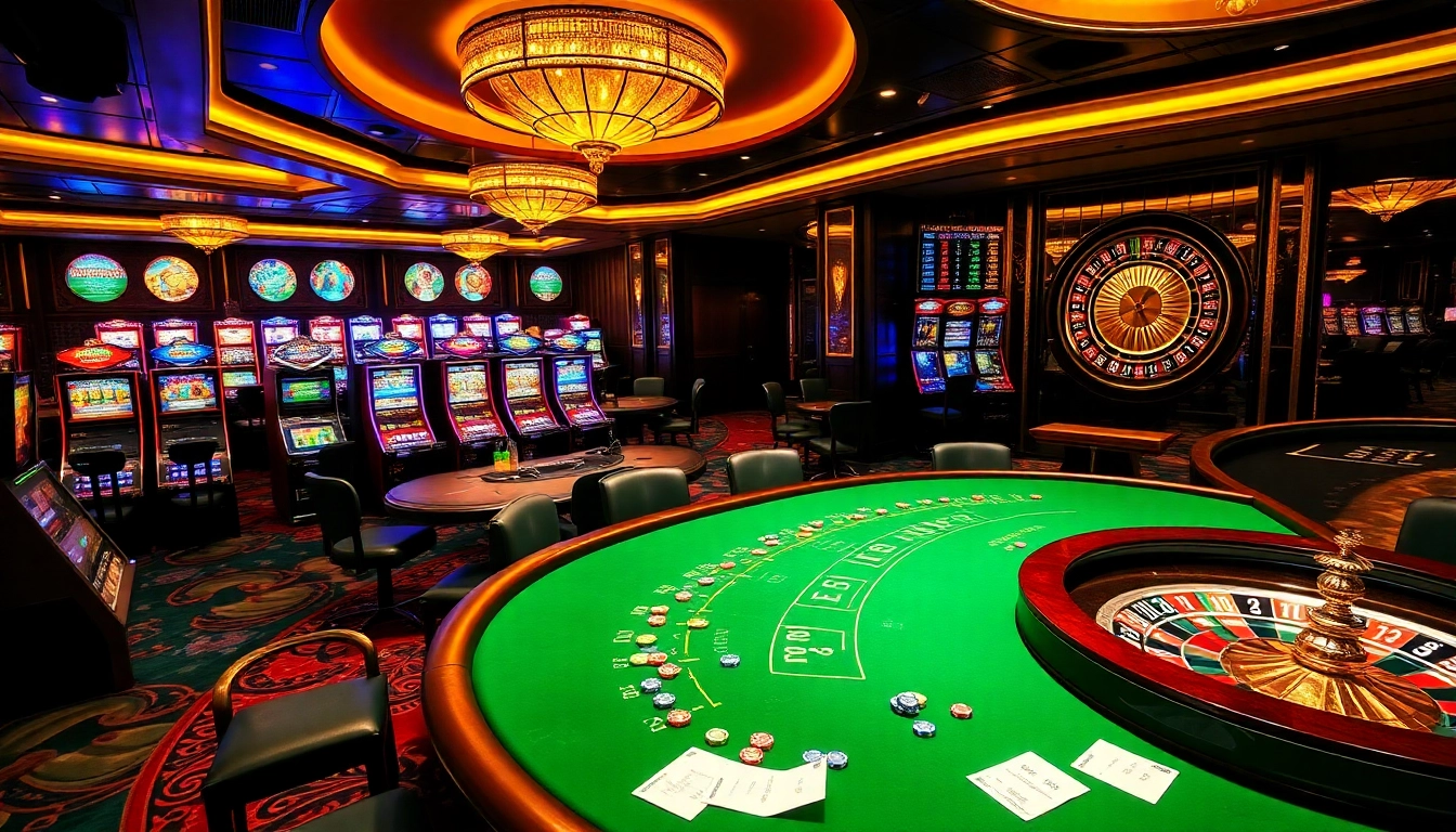 Experience the excitement of gambling at Luck 8, featuring vibrant slot machines and poker tables.