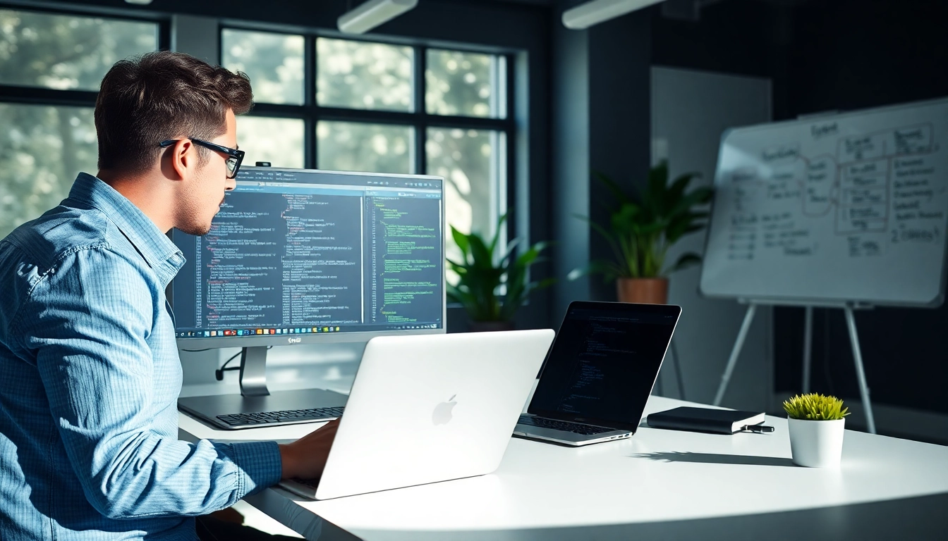 Webentwickler Hannover arbeitet in einem modernen Büro mit Computern und kreativen Notizen.