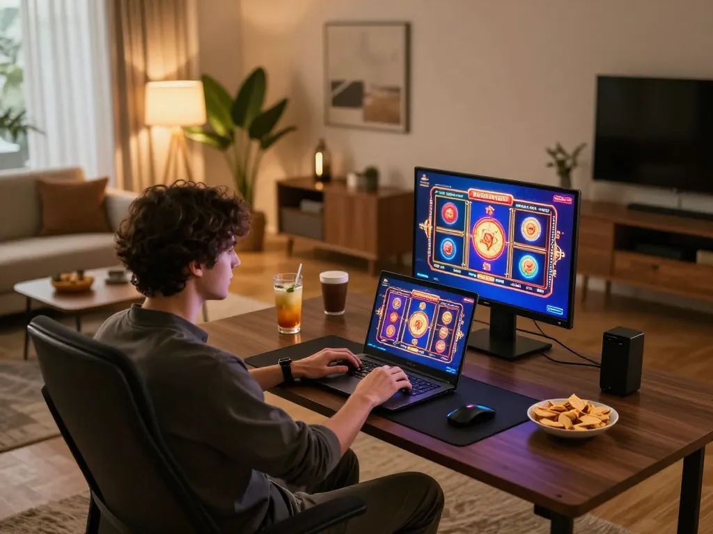 Engaging in online gaming at 888now, with vibrant casino graphics on display