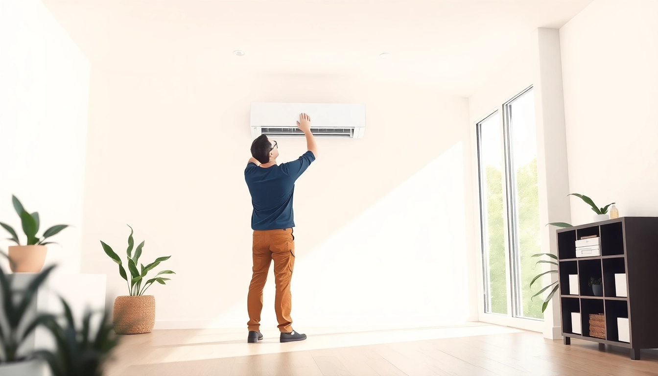 Fachmann beim Klima installieren einer modernen Klimaanlage in einem hellen Raum