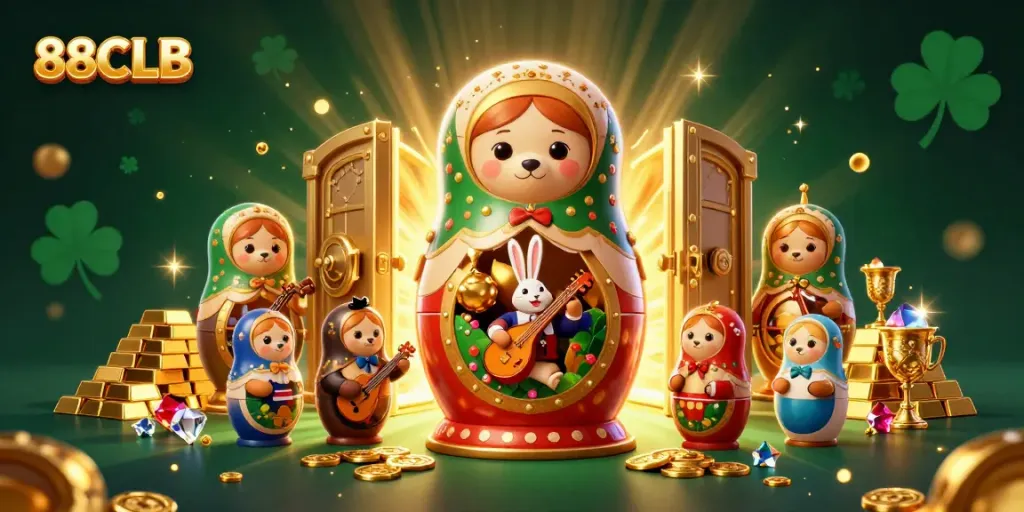 Experience the thrill of 88CLB with a dazzling scene of cartoon bears revealing riches and casino elements