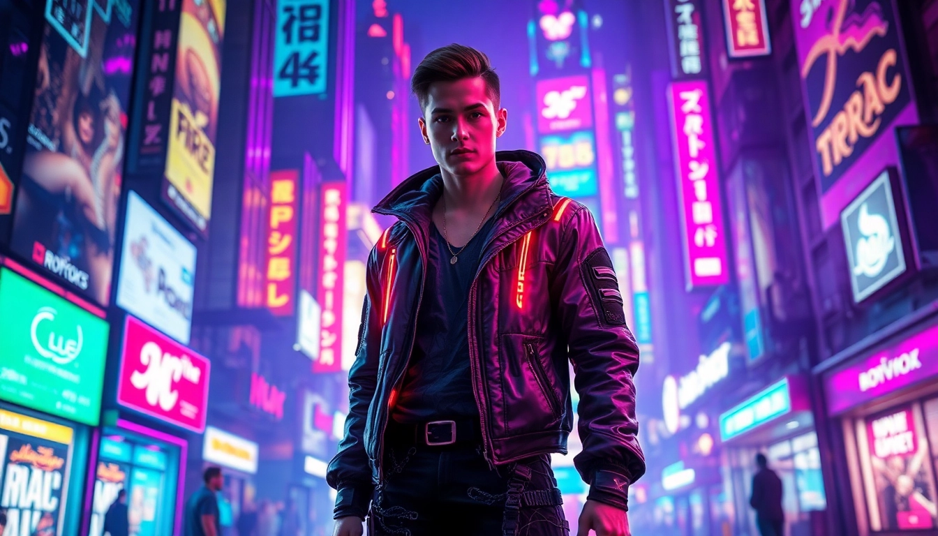 Elegante cyberpunk clothing, präsentiert von einem Charakter in einer leuchtenden, urbanen Umgebung.