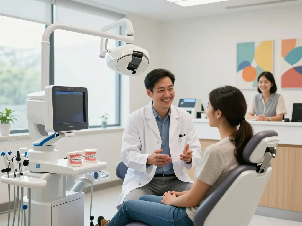 Invisalign Wien Beratung in einer modernen Zahnarztpraxis, die einen professionellen Kieferorthopäden mit einem Patienten zeigt.