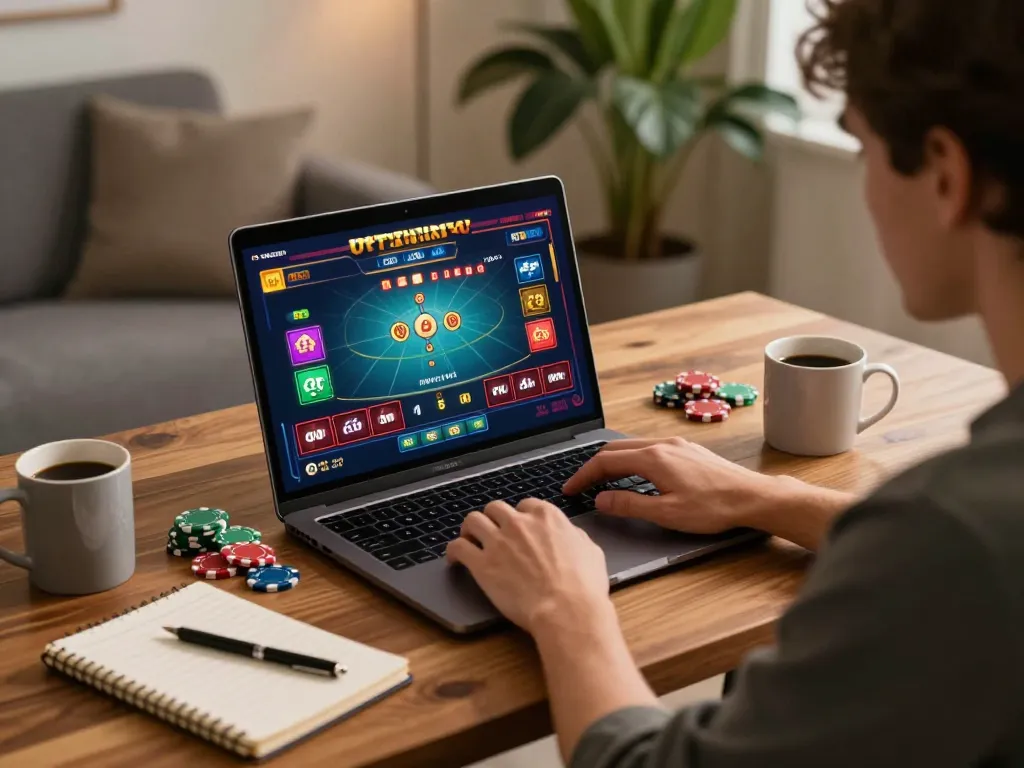 Engaging with online casino games at https://bet88.company/, a player strategizes with chips and a notebook.