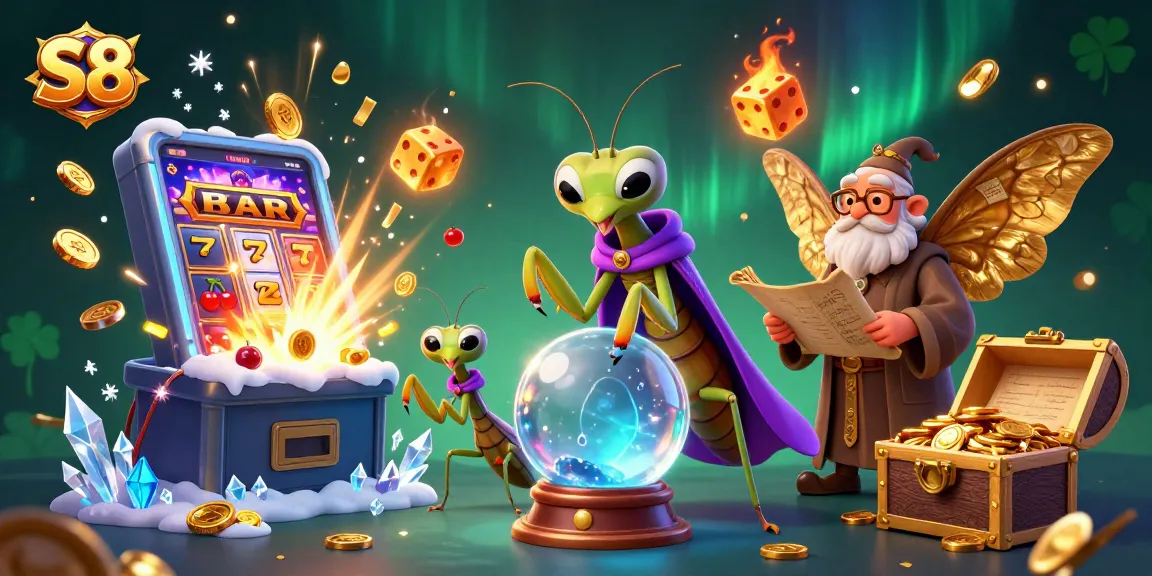 Win big with S8 in this vibrant casino-themed 3D illustration featuring fortune tellers and game elements.