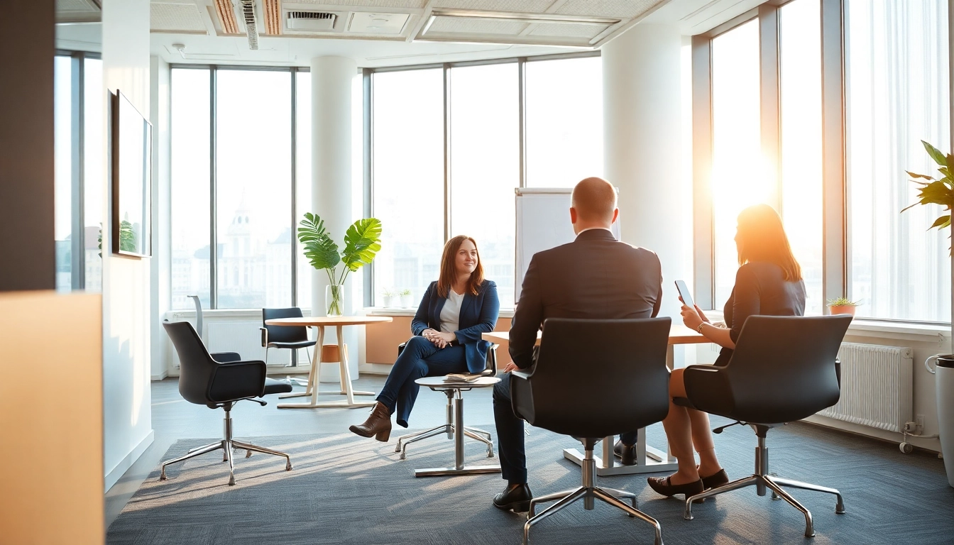 Consultant in a meeting discussing Unternehmensberatung München with clients in a bright office.