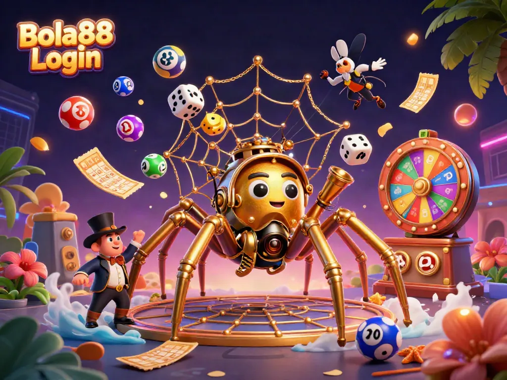 Engage with the Bola88 Login scene featuring a playful steampunk spider catching dice in its web, surrounded by vibrant lottery elements.
