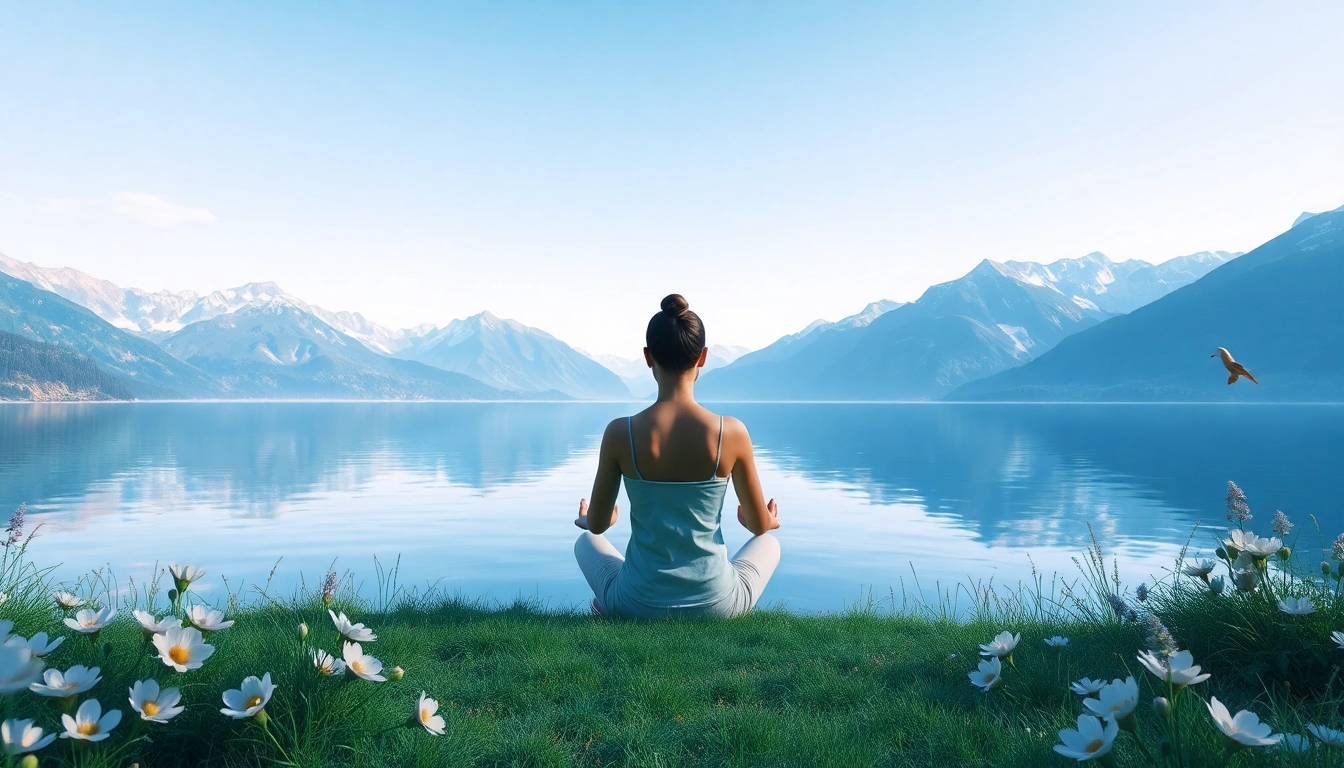 Promote emotional wellbeing through peaceful meditation by a tranquil lake surrounded by nature.