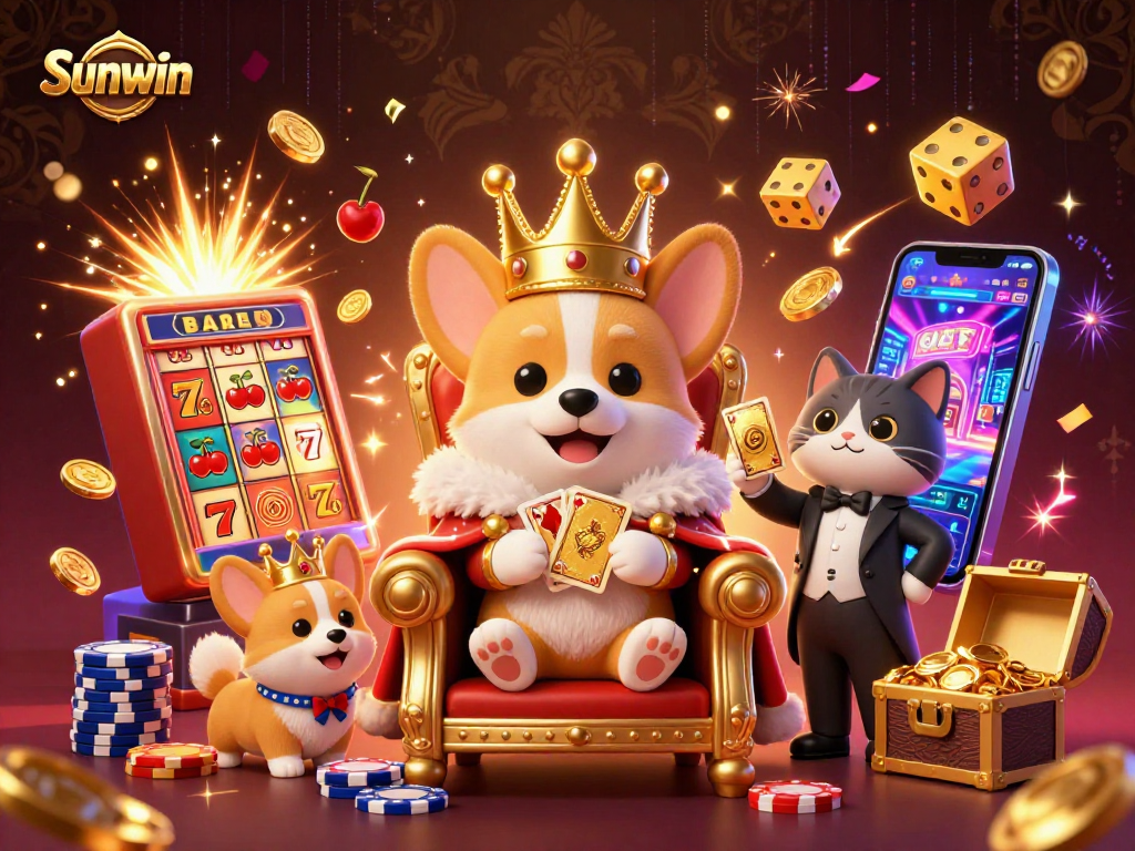 Experience the thrill of Sunwin with a royal corgi on a throne amidst exploding jackpots.