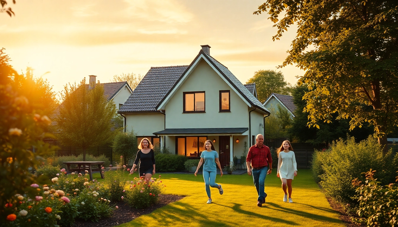 Neues Einfamilienhaus im Grünen für den Hauskauf mit Familie im Garten.