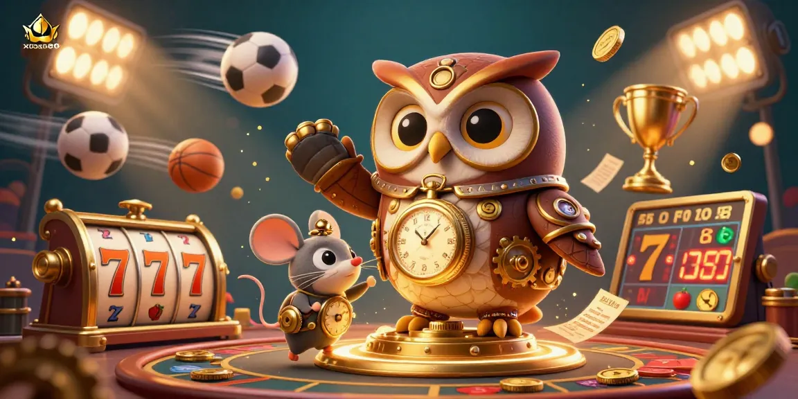 xoso66 casino experience with a vibrant 3D illustration of an owl and mouse amidst dynamic slots and sports elements.