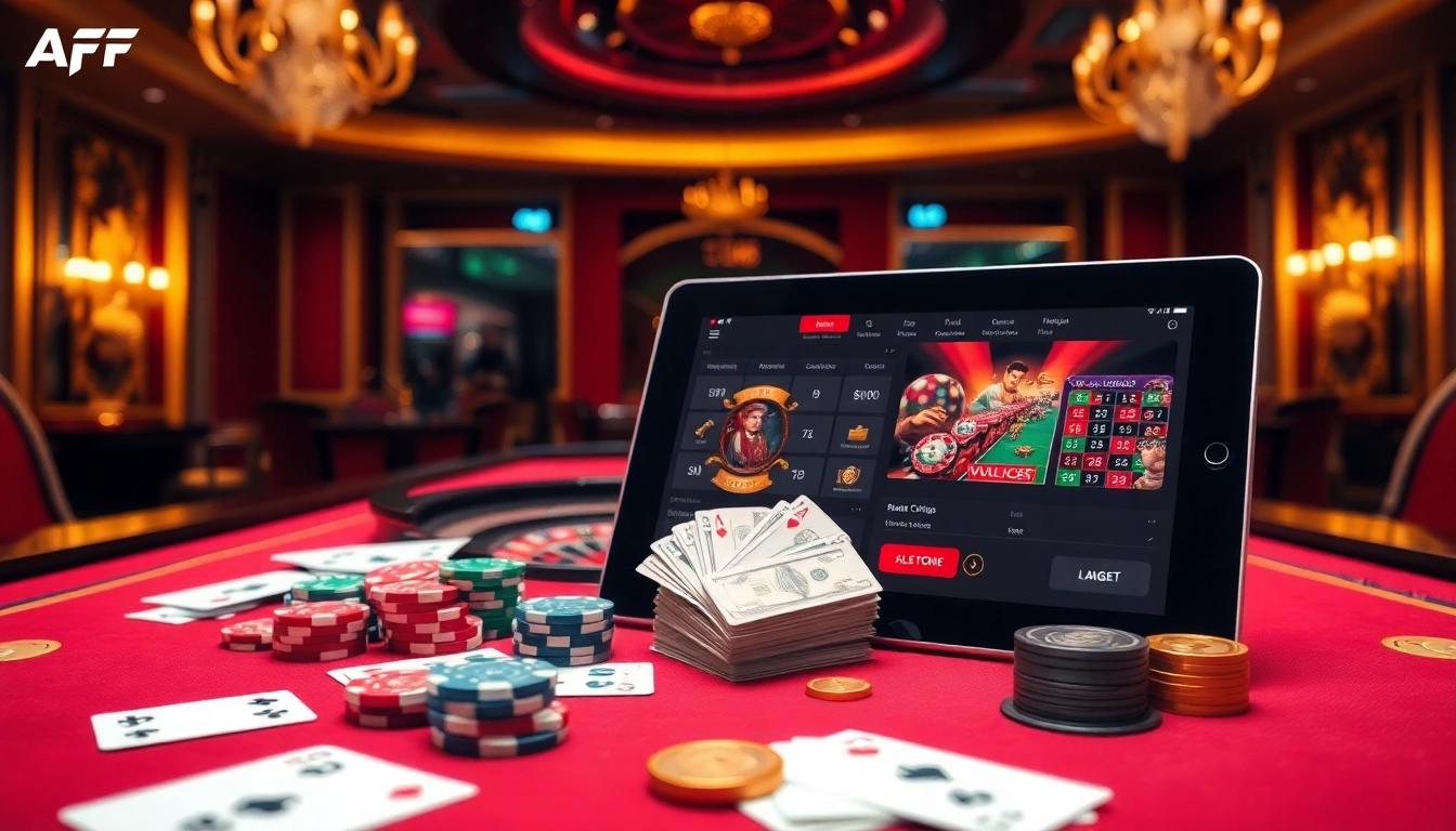 Experience luxury gambling with Nhà cái AF88 at a vibrant casino table filled with poker chips and cards.