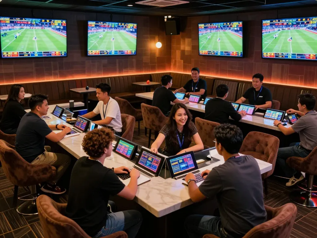 Fans placing bets at Fabet's lively sports betting lounge with multiple screens.