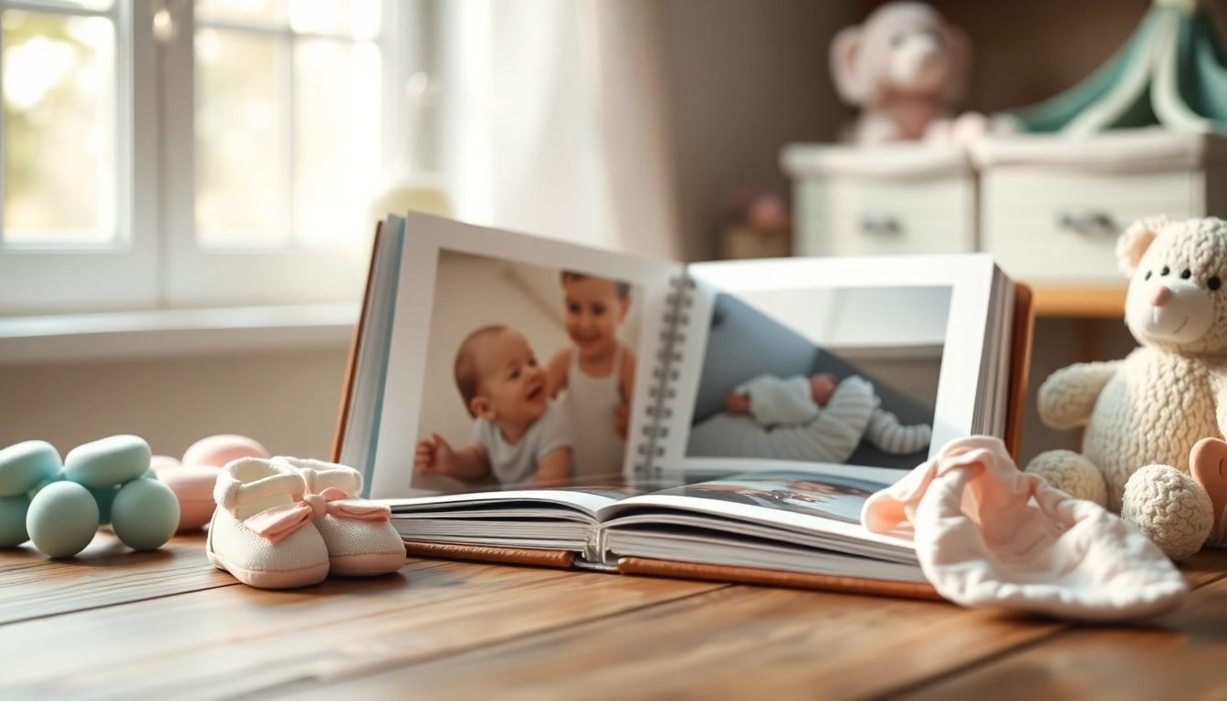 Gestalten Sie ein Babyalbum mit bunten Spielzeugen und Babykleidung im sanften Licht.