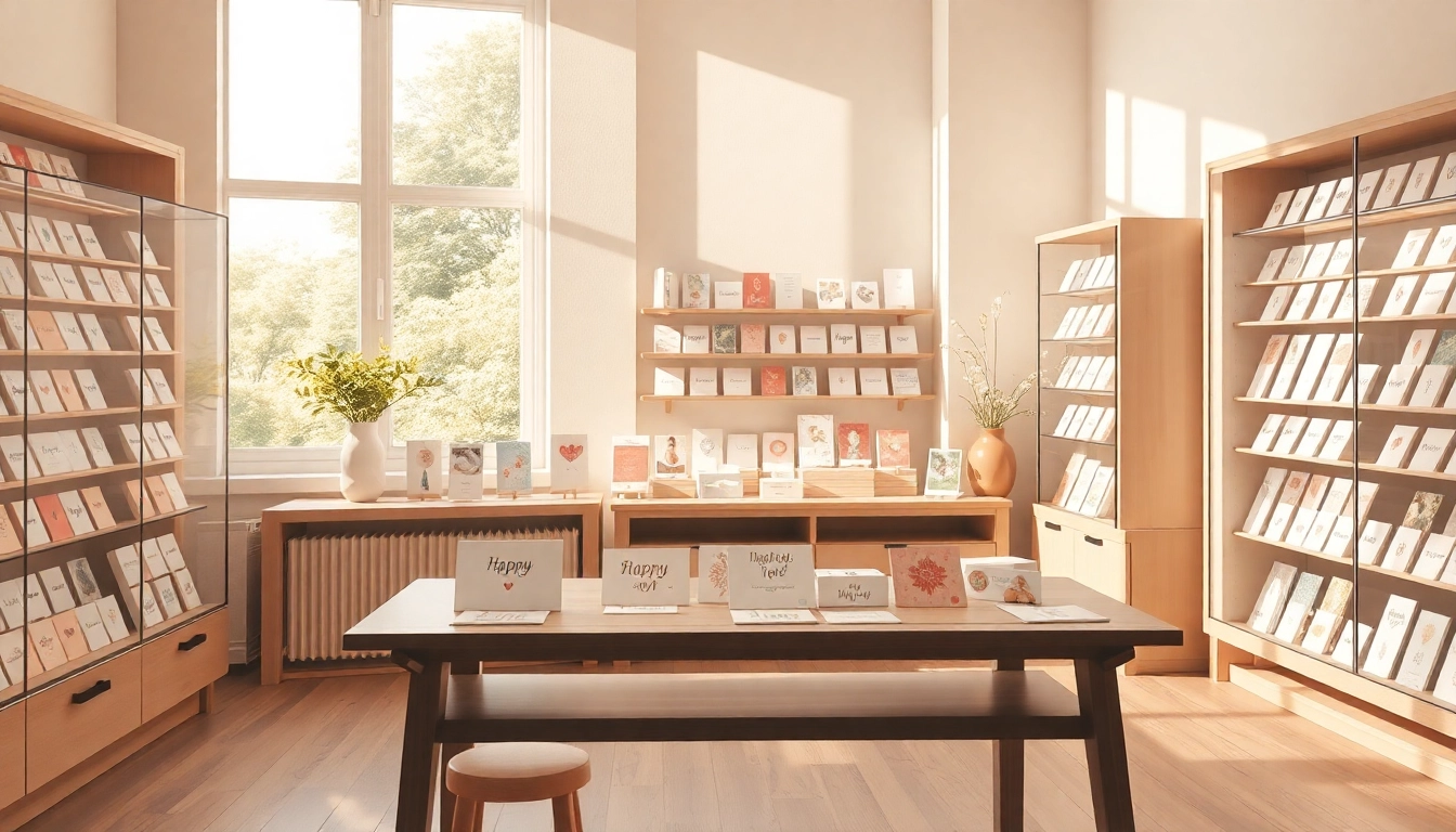 Online Grusskarten Shop mit einem einladenden Ambiente voller bunter Grußkarten für jeden Anlass.