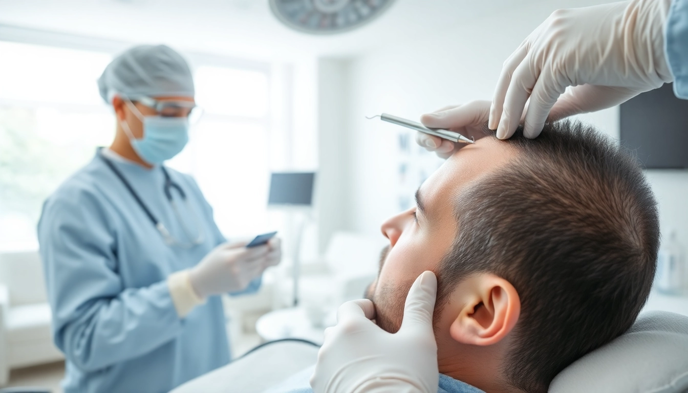 A skilled professional performing a hair transplant in London, showcasing advanced techniques and a serene environment.