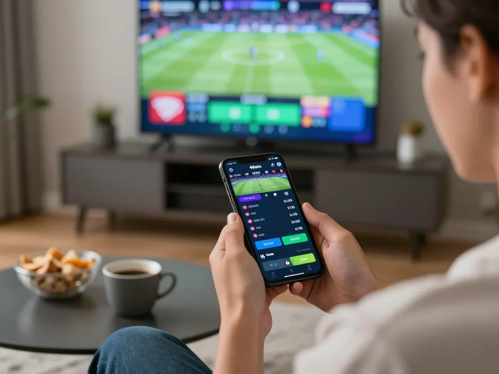 Betting on 58win with mobile app in a stylish home setting, engaging in live sports.
