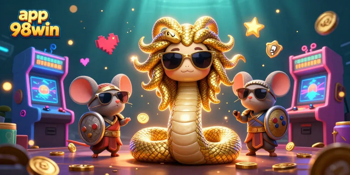 Engage with the vibrant app 98win, showcasing Medusa and a warrior in a colorful casino scene.