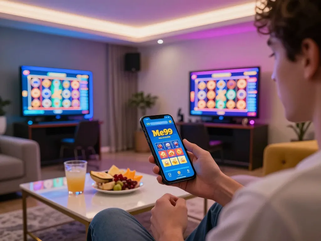 Player enjoying online gaming at Me99 app on smartphone in cozy home setup