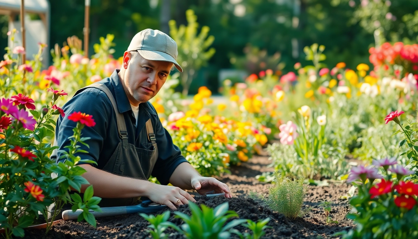 Gartenbauer arbeitet in einem blühenden Garten mit vielfältigen Pflanzenarten.