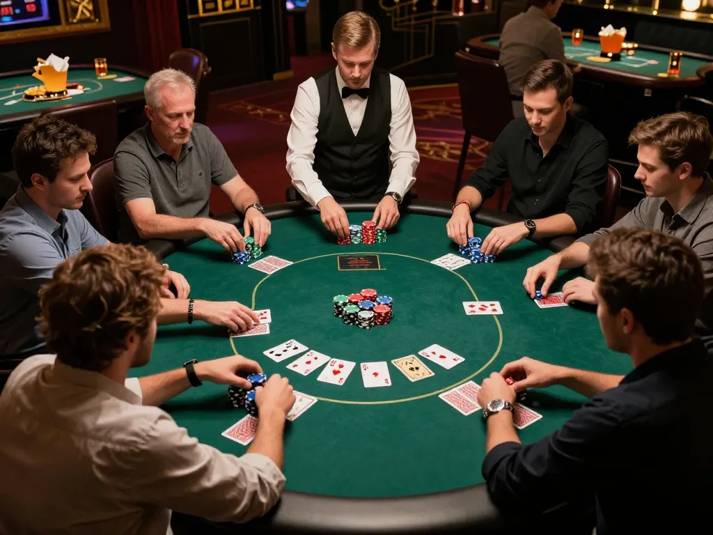 Aktives Pokerspiel, das Immobilienmakler Frankfurt Sachsenhausen in einer lebhaften Casino-Atmosphäre zeigt, Spieler engagiert mit strategischen Zügen.