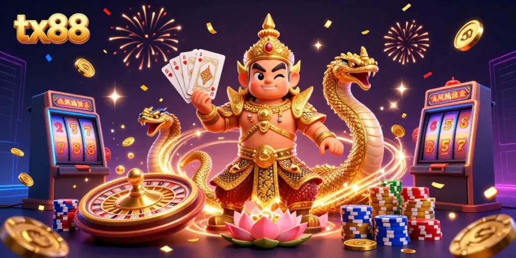 Experience the thrilling excitement of tx88 with spinning roulette, cards, and vibrant casino elements.