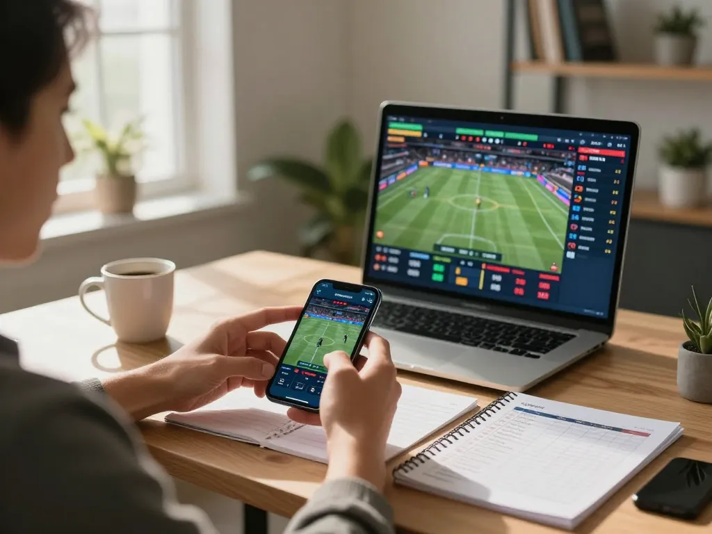 Sports betting on MK8 app featuring live events and odds from a stylish home office setup.