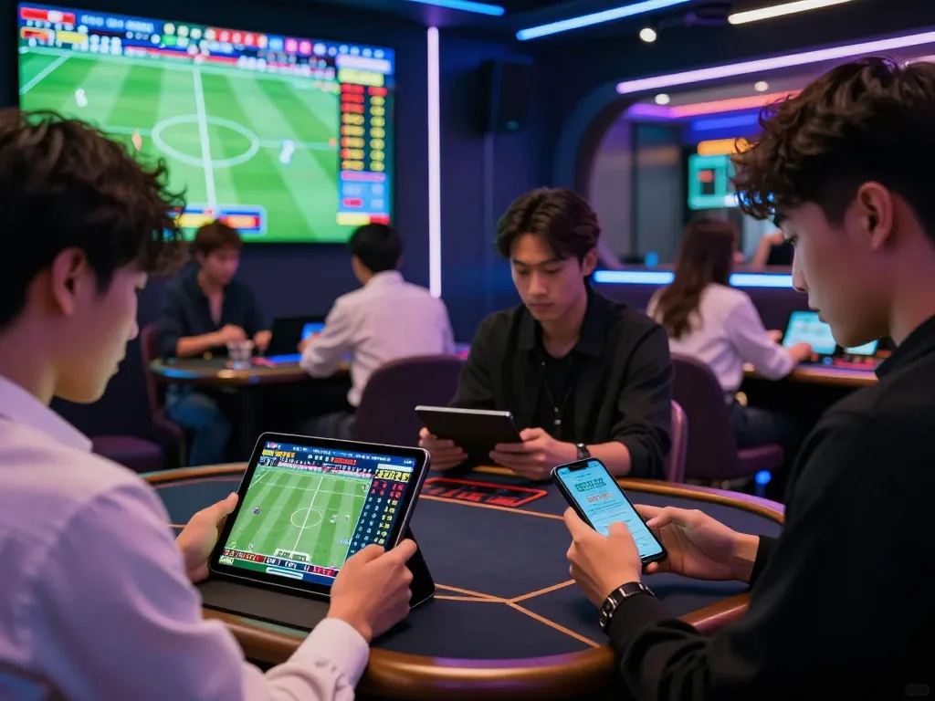 Engaged bettors analyzing kèo nhà cái updates in a modern gambling environment with real-time stats.
