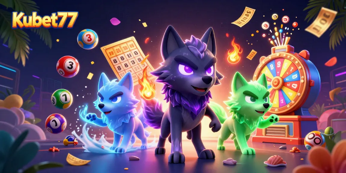Kubet77 showcases a dynamic casino game scene with cartoon wolves and lottery excitement for players.