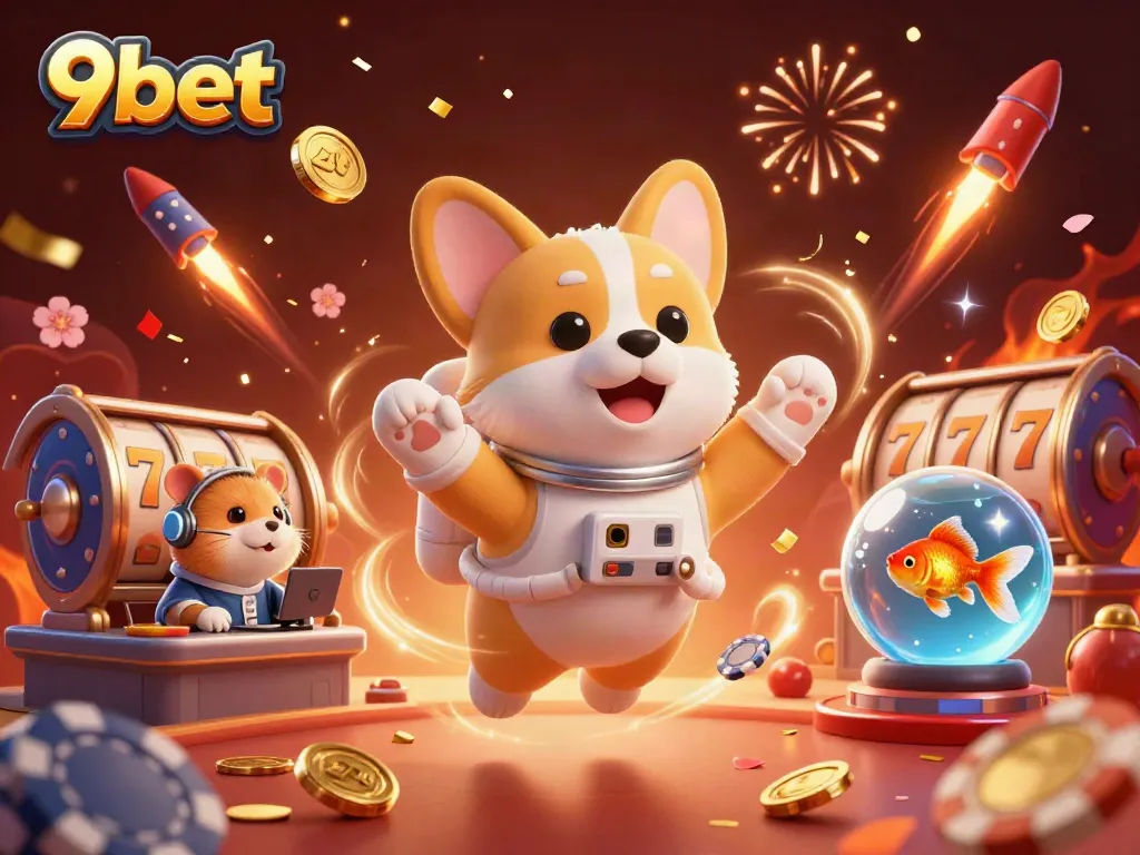 Experience excitement at 9bet with floating slot reels and dazzling casino elements in a vibrant setting.
