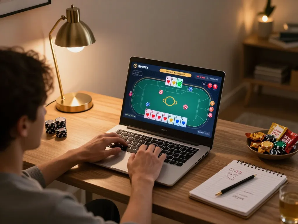Player engaging in an online SP8BET poker game with dynamic interface and strategic notes in a cozy atmosphere.