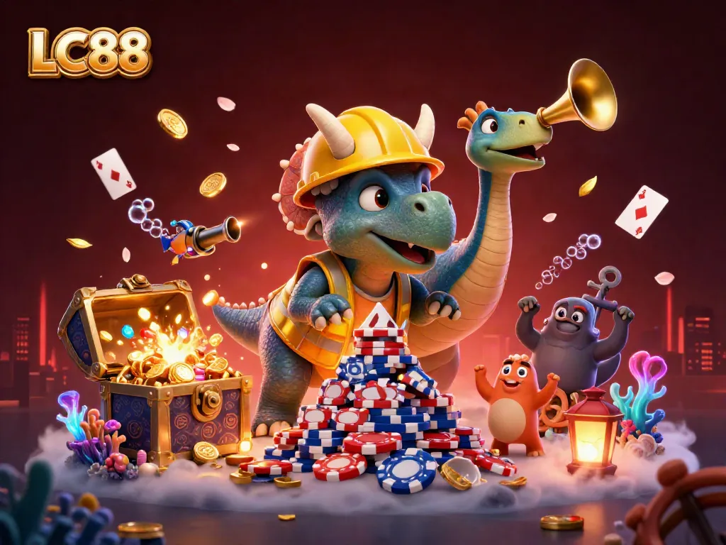 LC88 showcases a vibrant 3D celebration with poker chips and gems amidst cheerful characters.