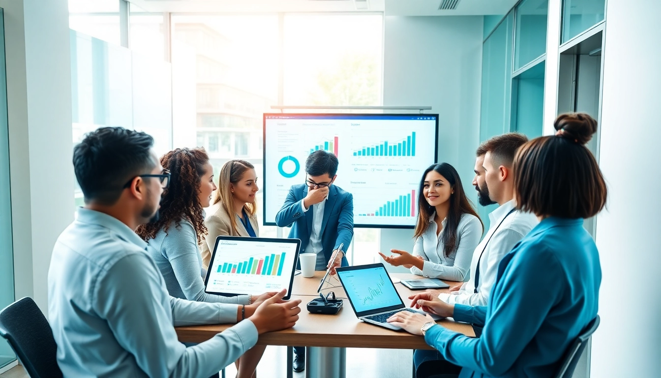 Vertriebsprofis, die effektiv in einem modernen Arbeitsumfeld zusammenarbeiten und eine Focus-Page auf digitalen Geräten präsentieren.