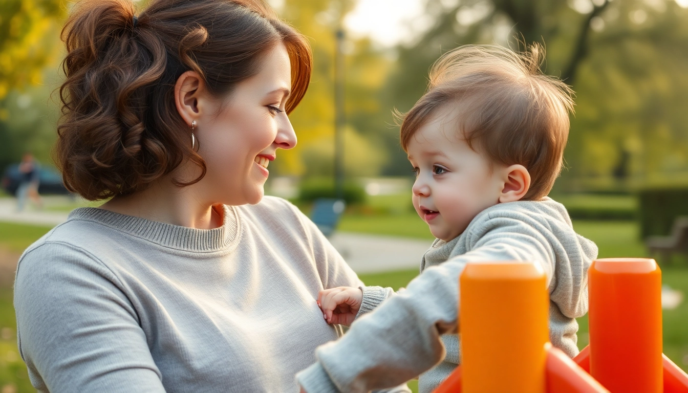 Kindererziehung: Eine Mutter ermutigt ihr Kind im Park, was die positive Beziehung zwischen Eltern und Kind zeigt.