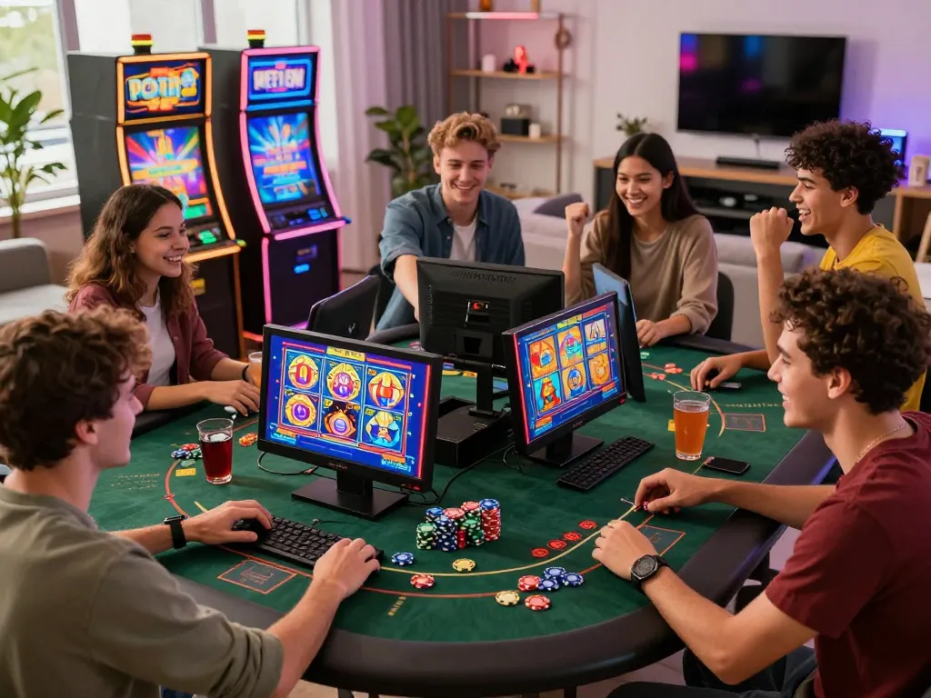 Exciting gaming session featuring friends playing 娛樂城 with colorful slot machines and poker tables.