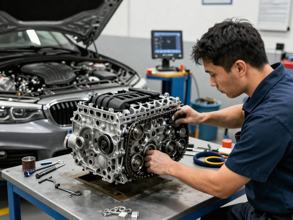 Professionelle Mechaniker bei der Überprüfung der BMW Steuerkette wechseln in einer modernen Werkstatt.