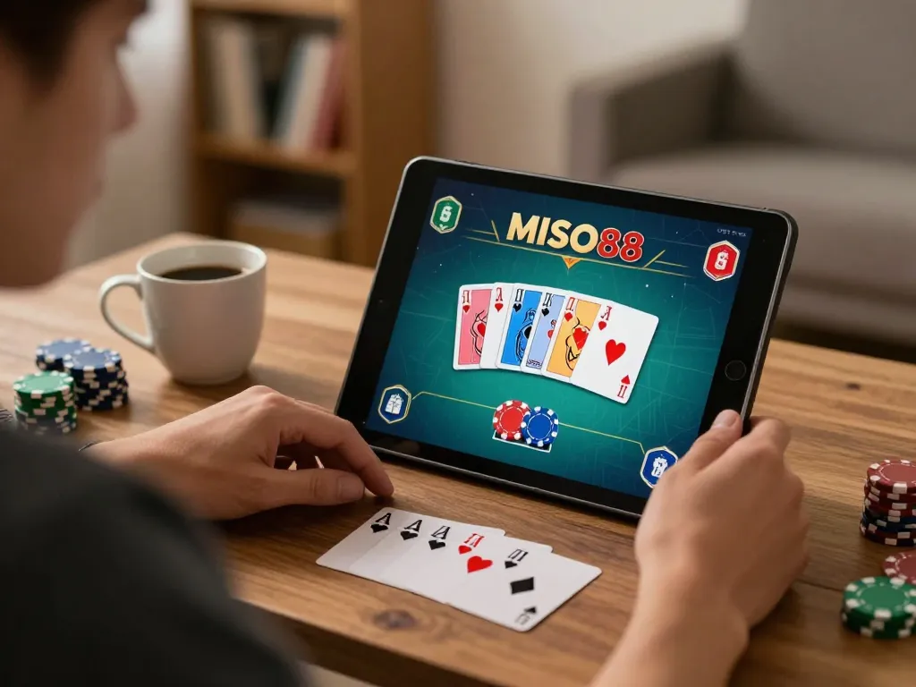 MISO88 poker game interface displayed on a tablet in a cozy home setting with strategic betting elements.