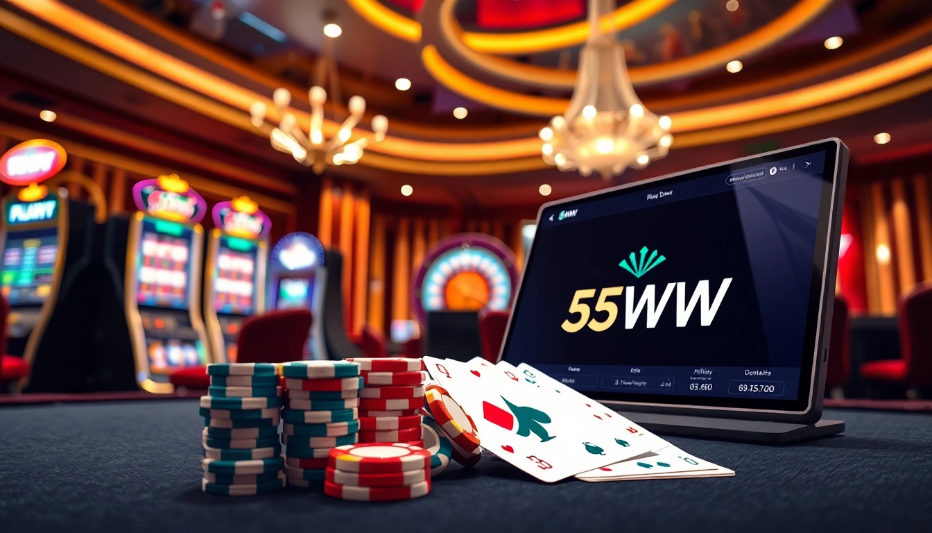 Engage in immersive gambling experiences at 55WW casino featuring vibrant slot machines and poker chips.
