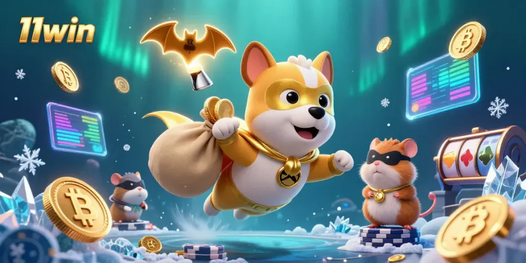 11win features a superhero dog and hamster amidst vibrant casino elements like poker chips and gold coins.