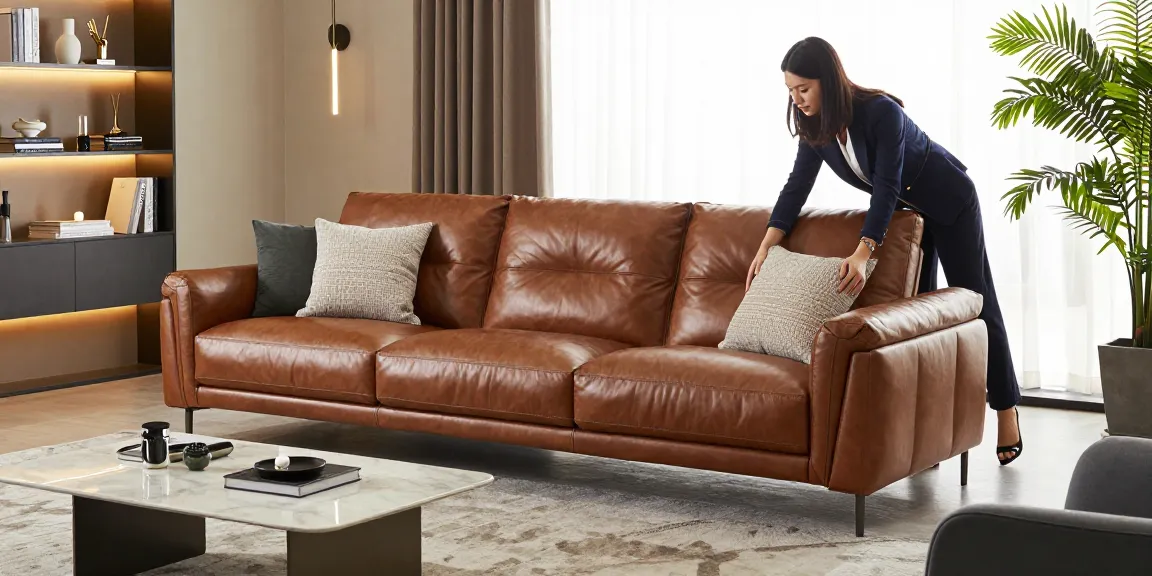 Modisches Wohnzimmer mit einem Baxter Ledersofa Preis, luxuriöser Dekoration und Designer-Kissenarrangements.